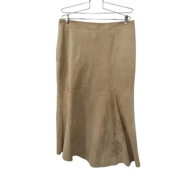 OLSEN EUROPE! FAWN BEIGE/TAN GENUINE SUEDE LEATHER GORED FULL A-LINE SKIRT!SZ 12 - Picture 2 of 14